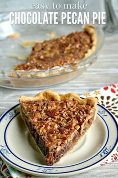 a slice of chocolate pecan pie on a plate