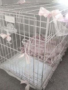 a cage that has some stuffed animals in it and is on the floor next to another cage