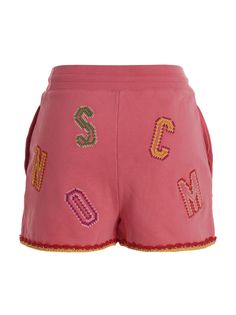 Cotton bermuda shorts with all-over lettering embroidered logo, elastic and drawstring at the waist, pockets, a crochet detail on the hem. Composition: 100% cotton Crochet Shorts, Barbour Steve Mcqueen, Crochet Details, Fuchsia Color, Steve Mcqueen, Gorgeous Bags, Yoga Wear, Playful Design, Bermuda Shorts