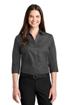 Port Authority ® Ladies 3/4-Sleeve Carefree Poplin Shirt. LW102 - GRAPHITE - 3XL | Port Authority Women's 3/4-Sleeve Carefree Poplin Shirt in Graphite Grey Size 3XL | Cotton/Polyester Blend Womens Hooded Flannel, Hooded Flannel, Formal Shirt, Women's Button Down Shirt, Flannel Women, Port Authority, Dress Shirts For Women, Chambray Shirt, Poplin Shirt