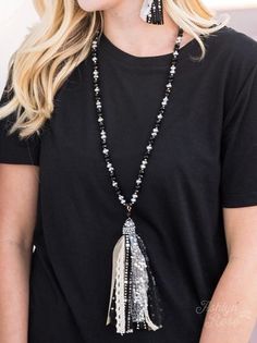 Beaded Statement Necklace Tassels Black & Silver Adjustable Beaded Tassel Necklace, Bohemian Long Necklace With Black Round Beads, Black Beaded Dangle Necklace, Adjustable Tassel Necklace With Fringe For Party, Adjustable Beaded Tassel Necklace For Party, Black Tassel Jewelry For Party, Black Fringe Jewelry For Festival, Black Tassel Necklace With Adjustable Fit, Black Tassel Party Jewelry