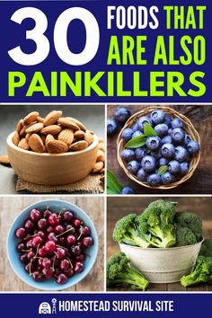 the cover of the book 30 foods that are also pankillers, which includes broccoli and blueberries