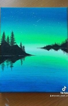 a painting of a lake with trees on the shore and stars in the sky above it