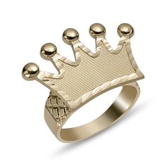 Here's a Crown Ring. From our Rings Collection, this 10K Solid Yellow Gold Diamond-Cut Crown Ring features a shiny finish. Product Details:Metal: Real 10K Gold Average Weight: Size 9.5: 5.59 gramsLength: SelectableWidth: 3/4" x Just over 1" = 19mm x 27.5mmClasp/Bail: Can be resized down or up at your local jeweler. Rings Collection, Stylish Rings, Crown Ring, Average Weight, Ring Collections, 10k Gold, Solid Yellow, Diamond Cut, Gold Diamond