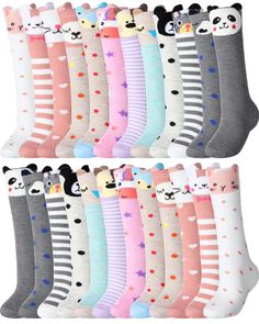 PRICES MAY VARY. Ample Quantity and Assortment of Designs: this package includes 24 pairs of girls knee high socks; It features 12 lovely cartoon animal patterns, such as cats, dogs, pandas, bears and more; The beautiful appearances and intricate 3D designs not only add comfort but also make these socks a versatile accessory that'll brighten your outfit, making each day special Durability and Comfort Material: made from a blend of 80% cotton and 20% spandex material, girls knee socks provide sof Cute White School Socks, Cute Multicolor Socks, Girls Knee Socks, Girls Knee High Socks, Tall Socks, Socks Gift, Kids Funny, Animal Patterns, Long Socks