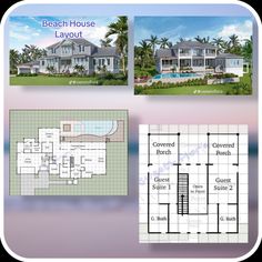 the beach house layout is shown in three different colors and sizes, including blueprints