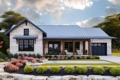 This 1,020 sq. ft. house plan gives you 2 beds, 1 bath and a 1-car garage (260 sq. ft.). The stone exterior with wooden beam supports give what would be a typical cabin a strong and elegant aesthetic. Past the covered porch and double front doors - matching pair of doors is on the back wall - you land at the entry with a coat closet directly to your left that shares a wall with the two bedrooms and full bath behind it.  On the right, an open concept living room, kitchen and dining room make Concept Living Room, Wooden Beam, Craftsman Ranch, Stone Exterior, Barn Style House Plans, Ranch House Plan, Double Front Doors, Garage House Plans, Open Concept Living Room