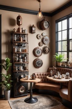 a living room filled with furniture and lots of clocks on the wall