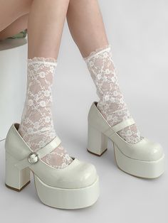 These exquisite lace socks are a must-have for any fashionista. The delicate rosette pattern adds a touch of sophistication to any ensemble, while the see-through design lends a playful and flirty vibe. Perfect for pairing with Lolita or Kawaii-inspired outfits, these socks are a versatile addition to your wardrobe.   Please note that this product includes one pair of socks. White Lace Socks, Steampunk Fashion Male, Gothic Skirts, Cute Shoes Heels, Lace Socks, White Heels, Feminine Design, Outfits With Hats, Ankle Socks