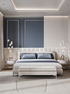 a modern bedroom with blue and white decor