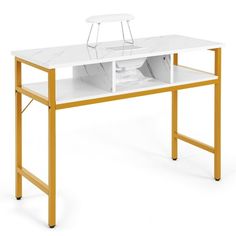 a white desk with yellow legs and an open drawer underneath it, against a white background