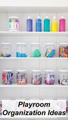 the shelves are filled with different types of playroom organization ideas for kids and adults