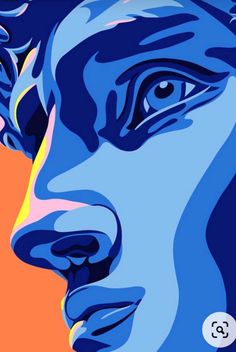 a painting of a man's face in blue and orange