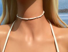 White Choker Necklace - Boho Choker Necklace - Bohemian Necklace - Beach Jewelry - Bridal Choker - B Adjustable White Bohemian Choker, White Beaded Choker For Vacation, White Strand Choker, Trendy White Choker For Vacation, Adjustable White Choker For Festival, White Summer Beach Choker, White Casual Choker For Vacation, Trendy Adjustable Choker For Vacation, Adjustable Trendy Choker For Vacation