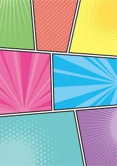 colorful pop art background with sunbursts and stars in the center, on different colors