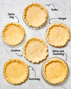 four pie crusts are shown on a marble counter top, labeled in the following words