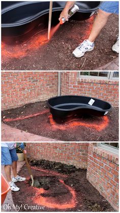 a man is using a shovel to dig into the ground in front of a fire pit