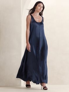 Serenade Silk Maxi Dress | Banana Republic Floaty Maxi Dress, Capsule Wardrobe Planning, Silk Summer Dress, Navy Baby, Scoop Neck Dress, Silk Maxi, Tall Clothing, Black Gown, Silk Maxi Dress