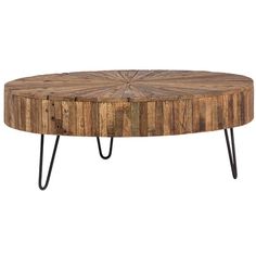 a wooden table with black hairpinks on it's legs and a wood top