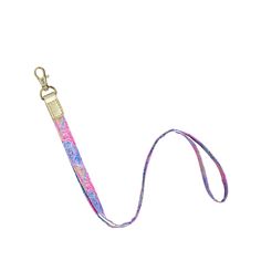 a pink and blue lanyard with a gold buckle on it's end, sitting against a white background