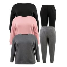 Experience comfort and variety with Terra & Skys Women's Plus Size Sweatshirt and Sweatpants Set. This five-piece bundle includes three crew neck sweatshirts and two pairs of sweatpants. Offering a super-soft feel and relaxed fit, these mixable, matchable separates start your day off in cozy style. Its the perfect blend of fashion and function for your off-duty wardrobe. Only at Walmart. Size: 1X.  Color: Multicolor.  Gender: female.  Age Group: adult. Sweatshirt And Sweatpants Set, Plus Size Sweatshirt, Cozy Style, Grey Outfit, Sweatpants Set, Plus Size Activewear, Cozy Fashion, Off Duty, Day Off