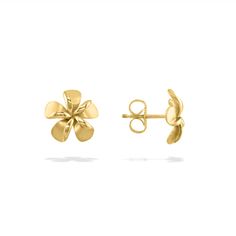 14K Yellow Gold Plumeria Stud Earrings. The Plumeria flower measures approximately 3/8" in width. Cute Wishlist, Cute Gold Earrings, Flower Earrings Gold, Flower Ear, Jewelry Boards, Elegant Tattoos, Yellow Earrings, Jewelry Essentials, Jewelry Lookbook