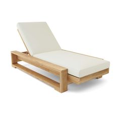 an outdoor chaise lounge with white cushions and wood frame, on a white background