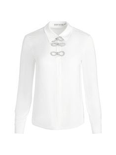 WILLA PLACKET TOP WITH EMBELLISHED BOW DETAIL - OFF WHITE Embellished Shirt, Embellished Collar, Bow Top, White Bow, Collar Blouse, The Boss, Bow Detail, Alice Olivia, Collar Shirts