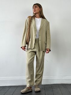 Brand: Christian Dior Monsieur Size: 42S chest, 32inch waist - blazer fits like womens: L Measurements: blazer chest 44inch, sleeve 24inch, length 28inch, shoulder 19 inch trousers waist 32inch, leg 29inch, rise 12.5inch, hips 46inch Colour: beige Fabric: 100% linen Flaws: general wear, some marks and flaws to fabric (Lisa's height is 5.9”/177cm, usually wears size UK 8-10 small/medium) Please note that all vintage & second hand items may have some signs of wear. Any defects or damages that effect the wear of the item will be photographed and/or noted in the description. Beige Suits Women, Single Breasted Suit, Waist Blazer, Blazer Fits, Beige Suits, Colour Beige, Beige Fabric, Isle Of Man, Pure Linen