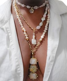 Beautiful 3 layered necklace. Made with different shaped freshwater pearls, morganite, and lemon quartz. Chain is stainless steel. Multi Layered Necklace, Multi Necklace, Multi Layer Necklace, Quartz Beads, Lemon Quartz, Layered Necklace, Multi Strand Necklace, Morganite, Multi Strand