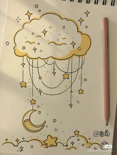 a drawing of a cloud with stars and the moon hanging from it