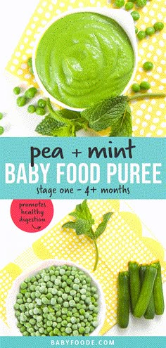 pea and mint baby food puree is in a bowl with peas on the side