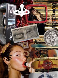 a collage of photos and images with various objects in the background, including an image of a woman's face