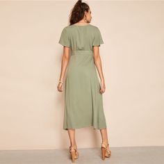 Gender: Women Material: Rayon Style: Casual Silhouette: A-Line Pattern Type: Solid Sleeve Length(cm): Short Decoration: Button Dresses Length: Mid-Calf Sleeve Style: Butterfly Sleeve Waistline: empire Neckline: V-Neck Season: Summer Model Number: swdress04190226402 Color: Army Green UID: 190327243 Style: Elegant,Casual Composition: 100% Rayon Details: Wrap, Button Fabric: Fabric has no stretch Hem Shaped: Flared Green Non-stretch Midi Dress, Casual Light Green Short Sleeve Dresses, Casual Light Green V-neck Dress, Fitted Light Green Casual Dress, Light Green Fitted Casual Dress, Green Non-stretch V-neck Midi Dress, Green A-line Solid Color Midi Dress, Casual Fitted Green Maxi Dress, Green Fitted Casual Maxi Dress