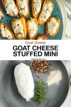 goat cheese stuffed mini peppers on a plate with herbs and seasoning next to them