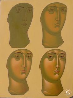 four different faces are shown on a piece of paper that has been cut out to look like people's heads