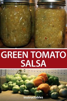 two jars filled with green tomato salsa on top of a counter