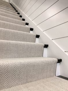 the carpeted stairs are lined with black handrails