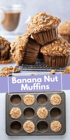 banana nut muffins are stacked on top of each other