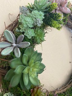 a wreath with succulents and moss on it