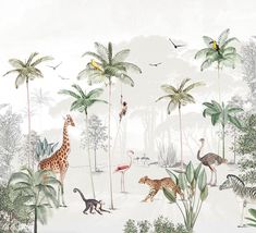 an image of a jungle scene with giraffes and other animals