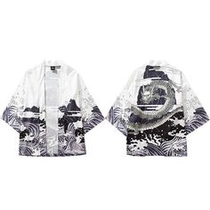 Item type: Kimono Gender: Unisex Style: Japanese Streetwear Type: Loose Hooded: No Collar: Turn-down Collar Cuff Style: Conventional Color: Black, White Dragon Kimono, Kimono Shirt, Streetwear Jackets, Good Color Combinations, Korean Streetwear, Sea Wave, Sea Dragon, Harajuku Streetwear, Dragon Print