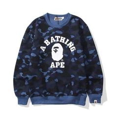 Blue Camo A Bathing Ape Sweater College Crewneck, Crew Neck Sweater Men, Bape Men, Camo Sweater, Champion Pullover, Hollister Hoodie, Blue Crewneck, Grey Crewneck, Blue Camo