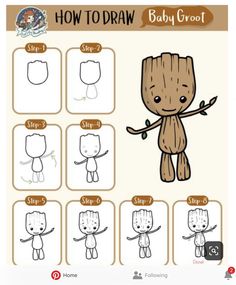 how to draw baby groot from the movie star wars, with instructions for each character