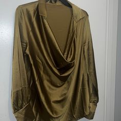 Women's Top L Draped Collar Lantern Sleeve Satin Blouse Green Army Like New Cowel Neck Never Worn Gold V-neck Blouse For Work, Yellow Party Tops For Fall, Yellow Long Sleeve Party Tops, Elegant Yellow Tops For Fall, Gold Long Sleeve Tops For Night Out, Yellow Tops For Fall Night Out, Yellow Tops For Night Out In Fall, Elegant Yellow V-neck Top, Chic Olive Long Sleeve Tops