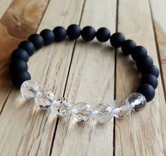 8mm Natural Clear Quartz Bracelet, Crystal Bracelet, matte black onyx, Clear Quartz Bracelet for Cry Faceted Black Crystal Bracelet Gift, Shambala Bracelet, Clear Quartz Bracelet, Bracelet Man, Bracelets Diy, Bracelet Crystal, Quartz Bracelet, Girlfriend Gift, Crystal Bracelet