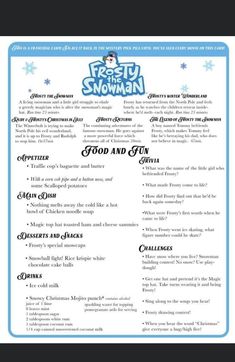 a menu for a frozen food and drink restaurant with the words fresh snowman on it