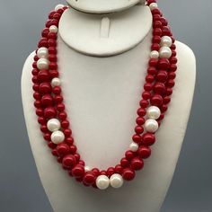 Vintage Lucite Triple Strand Necklace with Red Beads and Lustrous Faux Pearls Measurement * 18" unsigned Condition * Very nice condition. Gently used. Size: Womens 18" Condition: Pre-Owned Good Red Beaded Pearl Necklace For Party, Red Polished Pearl Necklace, Red Pearl Necklace With Polished Round Beads, Cherry Necklaces, Coral Jewelry Set, Cherry Necklace, Bridal Pearl Necklace, Beaded Tassel Necklace, Bridal Accessories Jewelry