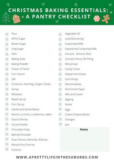 the christmas baking essentials list is shown in green, with white and red decorations