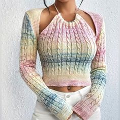 Gradient Cable Knit Sweater, Casual Cut Out Long Sleeve Sweater, Women's Clothing Crop Pullover, Ombre Gradient, Rainbow Crochet, Comfy Hoodies, Cable Knit Sweater, Knit Hat, Baby Knitting Patterns, Knitted Sweater, Y2k Fashion